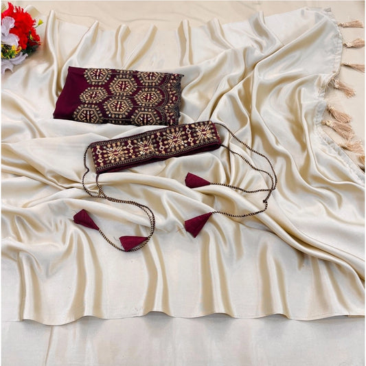 Beige Satin Solid Saree