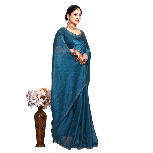 Generic Women's Georgette Satin Silk Saree With Unstitched Blouse 5.5Mtr (Blue)