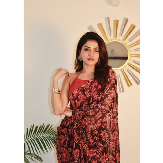 Generic Women's Georgette Printed Saree With Unstitched Blouse 5.5Mtr (Red)