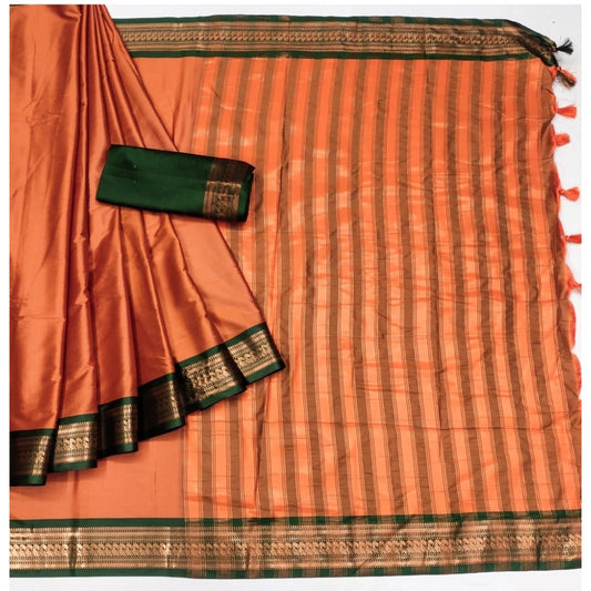 Generic Women's Cotton Silk Solid Saree With Unstitched Blouse 5.5Mtr (Orange)