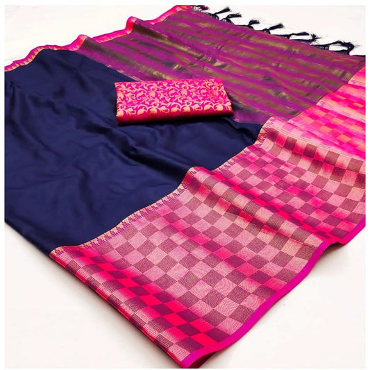 Generic Women's Cotton Silk Checkered Saree With Unstitched Blouse 5.5Mtr (Blue)