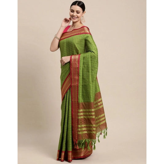 Generic Women's Cotton Silk Checkered Saree With Unstitched Blouse 5.5Mtr (Mehendi)