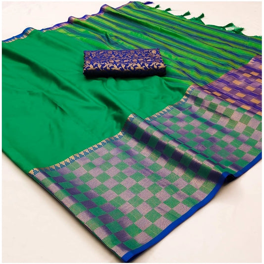Generic Women's Cotton Silk Checkered Saree With Unstitched Blouse 5.5Mtr (Green)