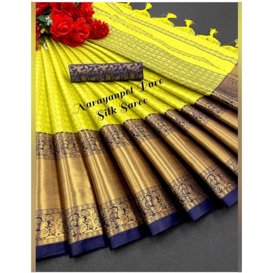 Generic Women's Cotton Silk Woven Design Saree With Unstitched Blouse 5.5Mtr (Yellow)
