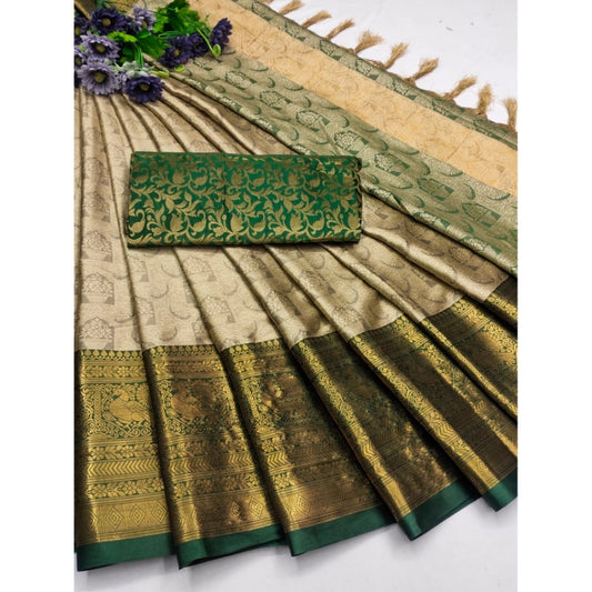Generic Women's Cotton Silk Printed Saree With Unstitched Blouse 5.5Mtr (Green)