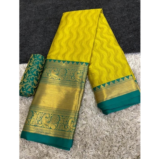 Generic Women's Cotton Silk Printed Saree With Unstitched Blouse 5.5Mtr (Green-Yellow)