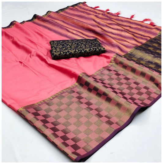 Generic Women's Cotton Silk Checkered Saree With Unstitched Blouse 5.5Mtr (Pink)