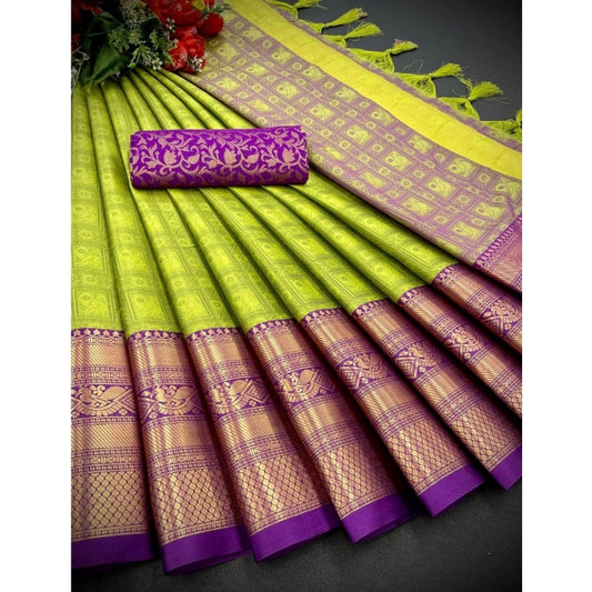 Generic Women's Cotton Silk Printed Saree With Unstitched Blouse 5.5Mtr (Light Green)