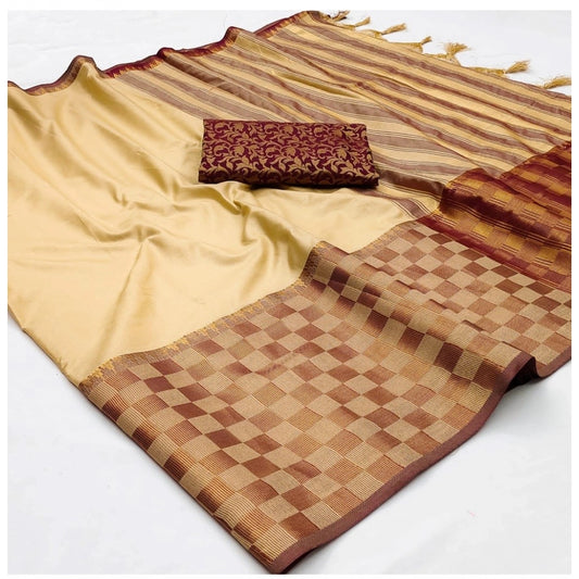 Generic Women's Cotton Silk Checkered Saree With Unstitched Blouse 5.5Mtr (Gold)