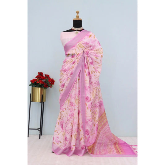Generic Women's Linen Digital Print Saree With Unstitched Blouse 5.5Mtr (Pink)