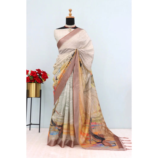 Generic Women's Linen Digital Print Saree With Unstitched Blouse 5.5Mtr (Multicolor)