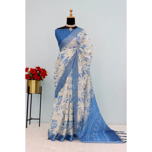 Blue Linen Digital Print Saree