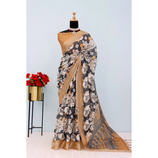 Black Linen Digital Print Saree