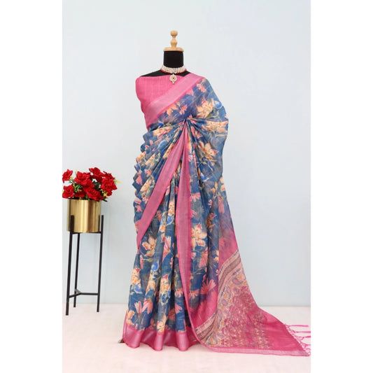Blue Linen Digital Print Saree