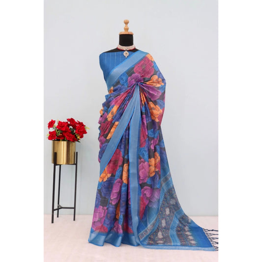 Blue Linen Digital Print Saree