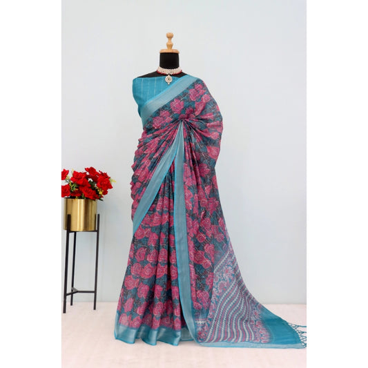 Blue Linen Digital Print Saree
