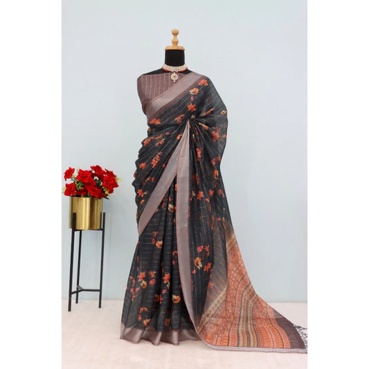 Generic Women's Linen Digital Print Saree With Unstitched Blouse 5.5Mtr (Black)