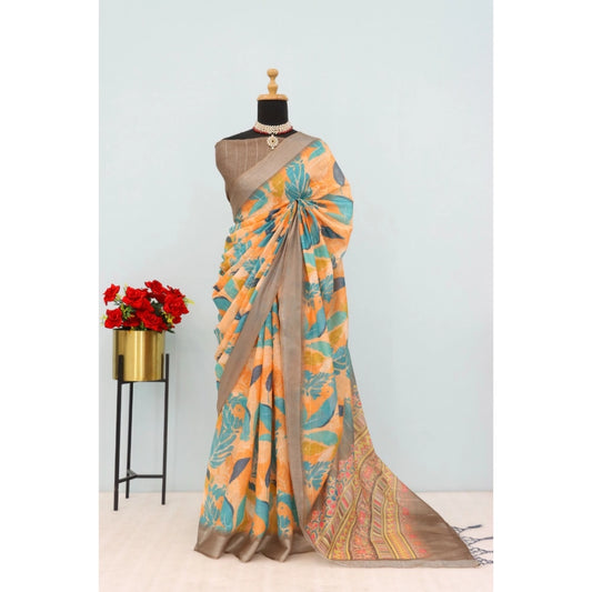 Generic Women's Linen Digital Print Saree With Unstitched Blouse 5.5Mtr (Green)