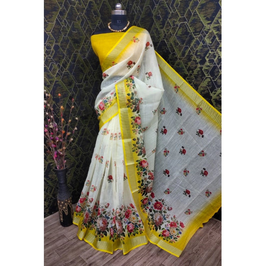 Floral Border Cotton Linen Yellow Saree