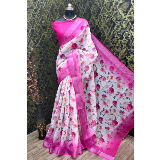 Floral Print Cotton Linen Pink Saree