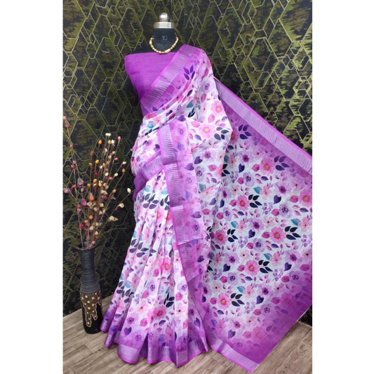 Floral Print Cotton Linen Purple Saree