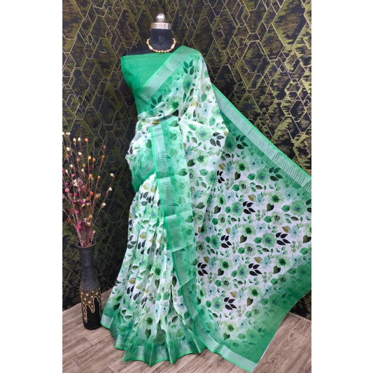 Floral Print Cotton Linen Green Saree