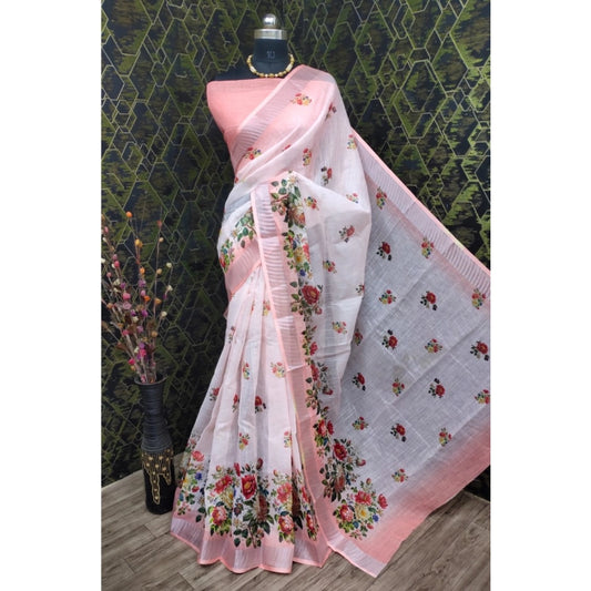 Floral Border Cotton Linen Peach Saree