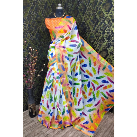 Feather Print Cotton Linen White Saree