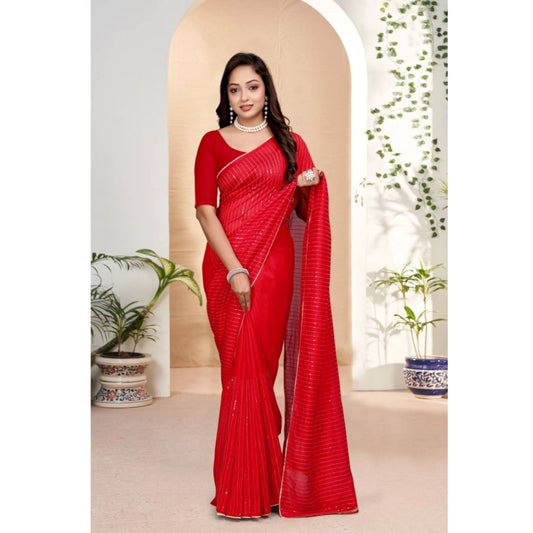 Red Vichitra Silk Striped Saree