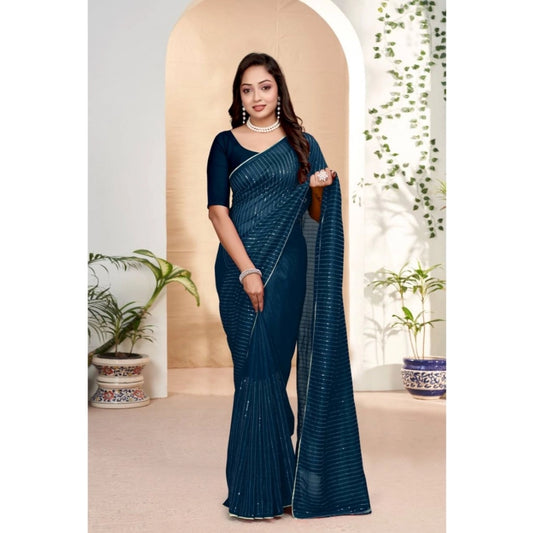 Blue Vichitra Silk Striped Saree