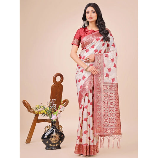 Red Linen Cotton Printed Saree