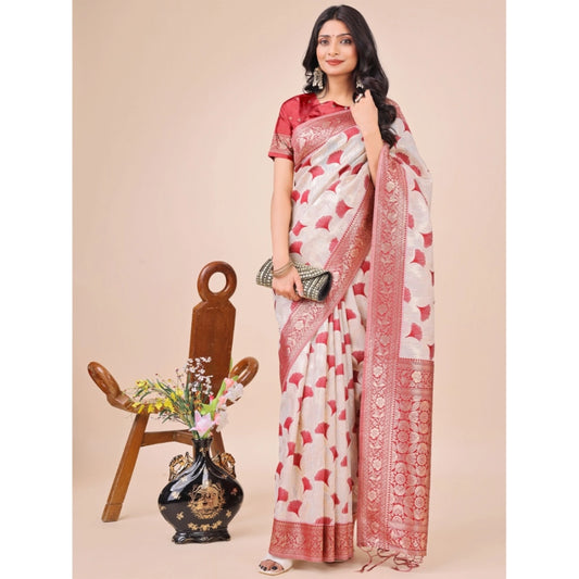 Maroon Linen Cotton Printed Saree