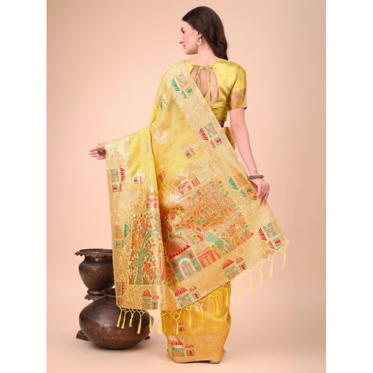 Yellow Linen Cotton Printed Saree
