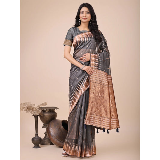 Grey Linen Cotton Printed Saree