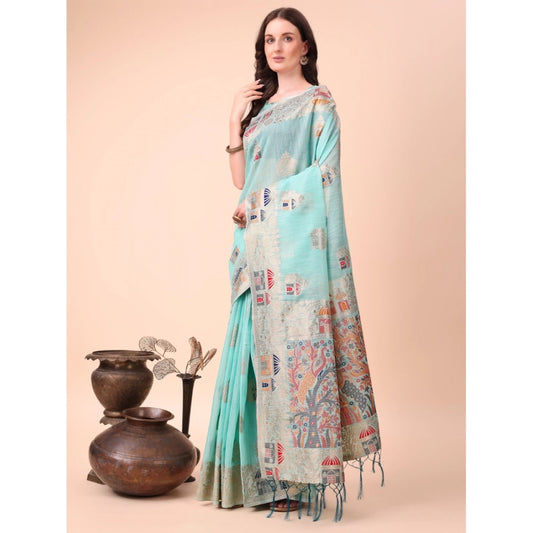 Sky Blue Linen Cotton Printed Saree