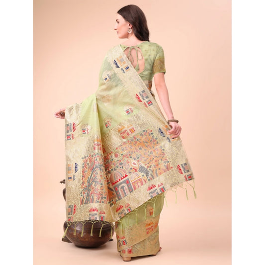 Light Green Linen Cotton Printed Saree