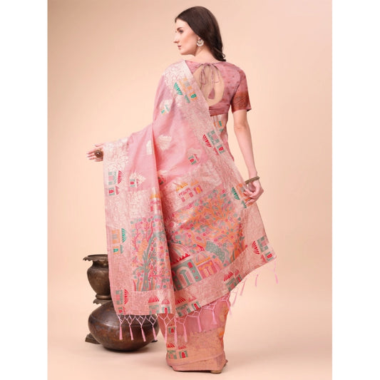 Pink Linen Cotton Printed Saree