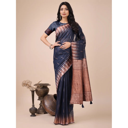 Navy Blue Linen Cotton Printed Saree