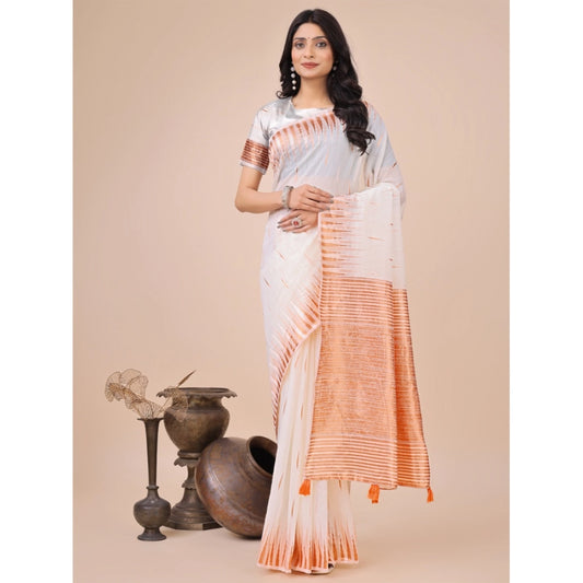 White Linen Cotton Printed Saree