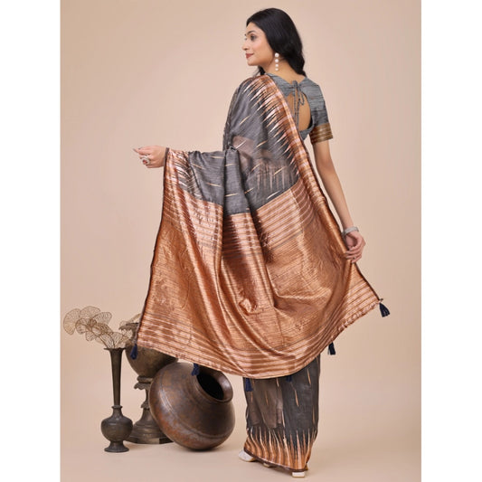 Grey Linen Cotton Printed Saree