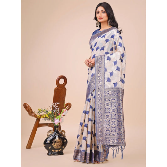 Blue Linen Cotton Printed Saree