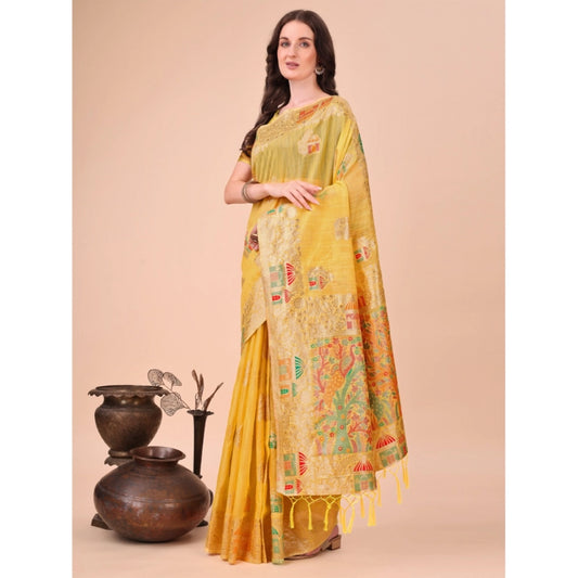 Yellow Linen Cotton Printed Saree