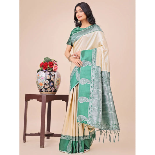 Cream Lichi Silk Printed Saree