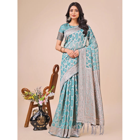 Teal Linen Cotton Printed Saree
