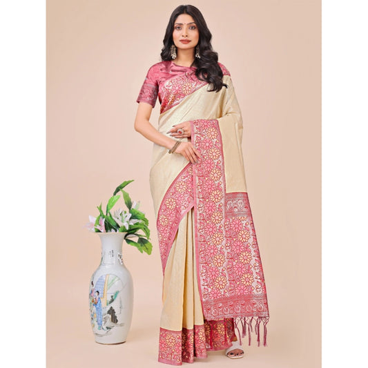 Cream Lichi Silk Printed Saree