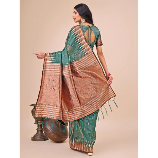 Green Linen Cotton Printed Saree
