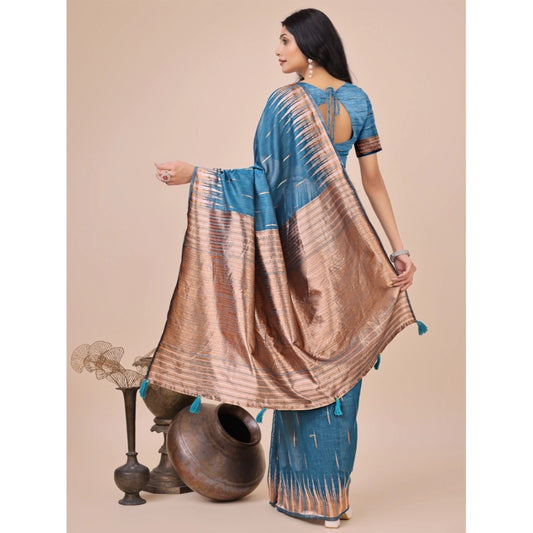Blue Linen Cotton Printed Saree