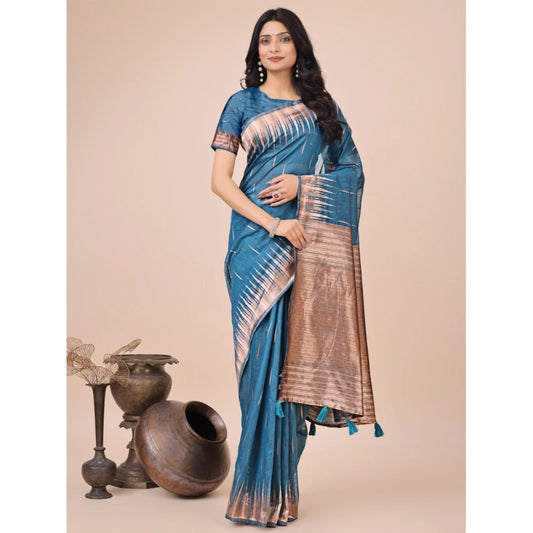 Blue Linen Cotton Printed Saree