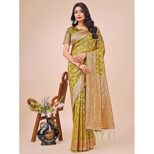 Olive Green Linen Cotton Printed Saree