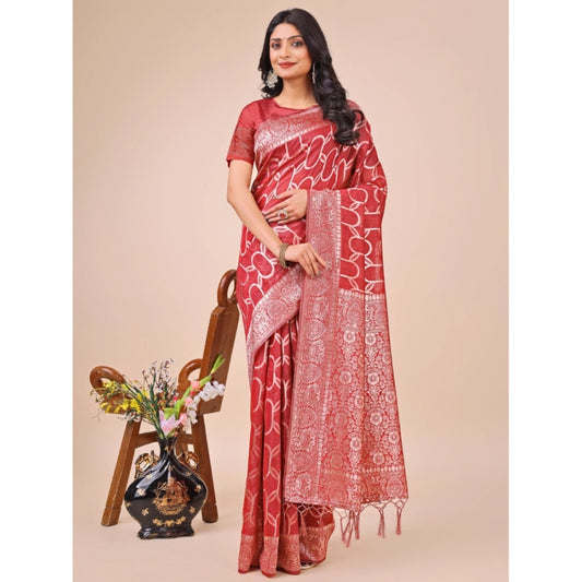 Red Linen Cotton Printed Saree